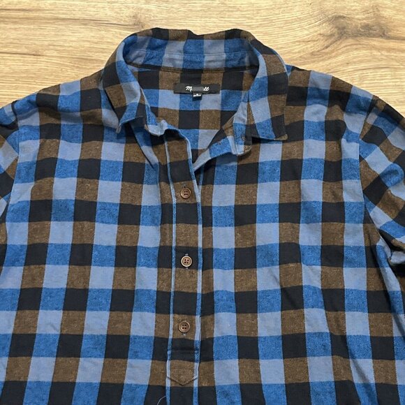 Madewell Flannel Drop-Shoulder Popover Top SZ Medium Blue Brown Check Button - Picture 3 of 12